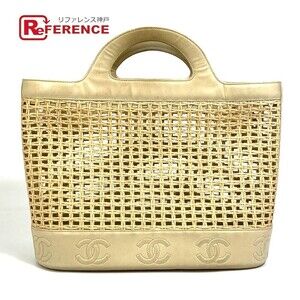 Chanel CC Coco Mark Basket Bag Inner Pouch Straw Leather Handbag Beige